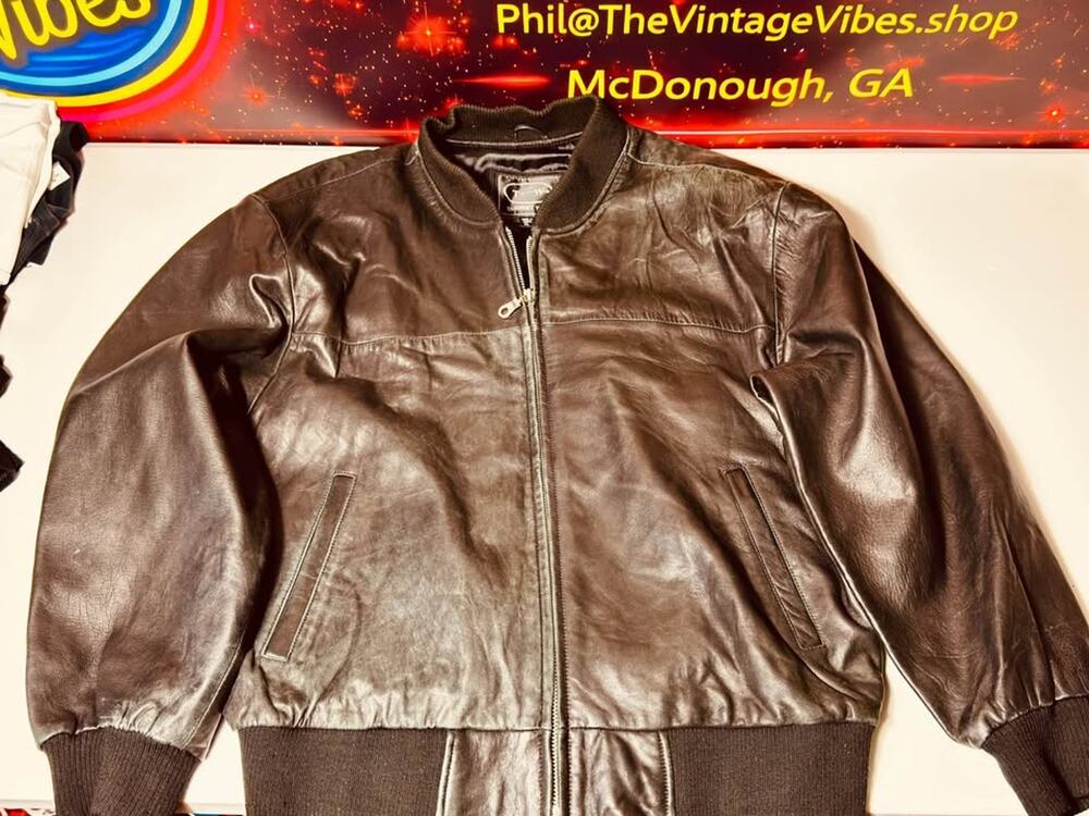 Vintage 1980s/1990s Tannery West Black Leather Bomber Jacket XL Genuine Leather